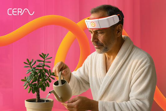 Man doing red light therapy while watering his plant 