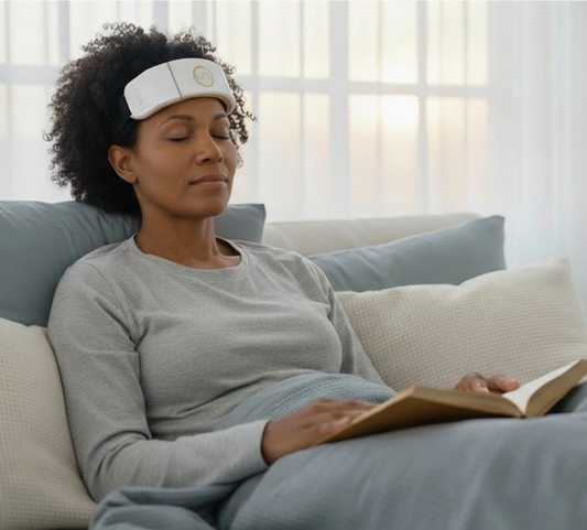 A women reading a book on the couch