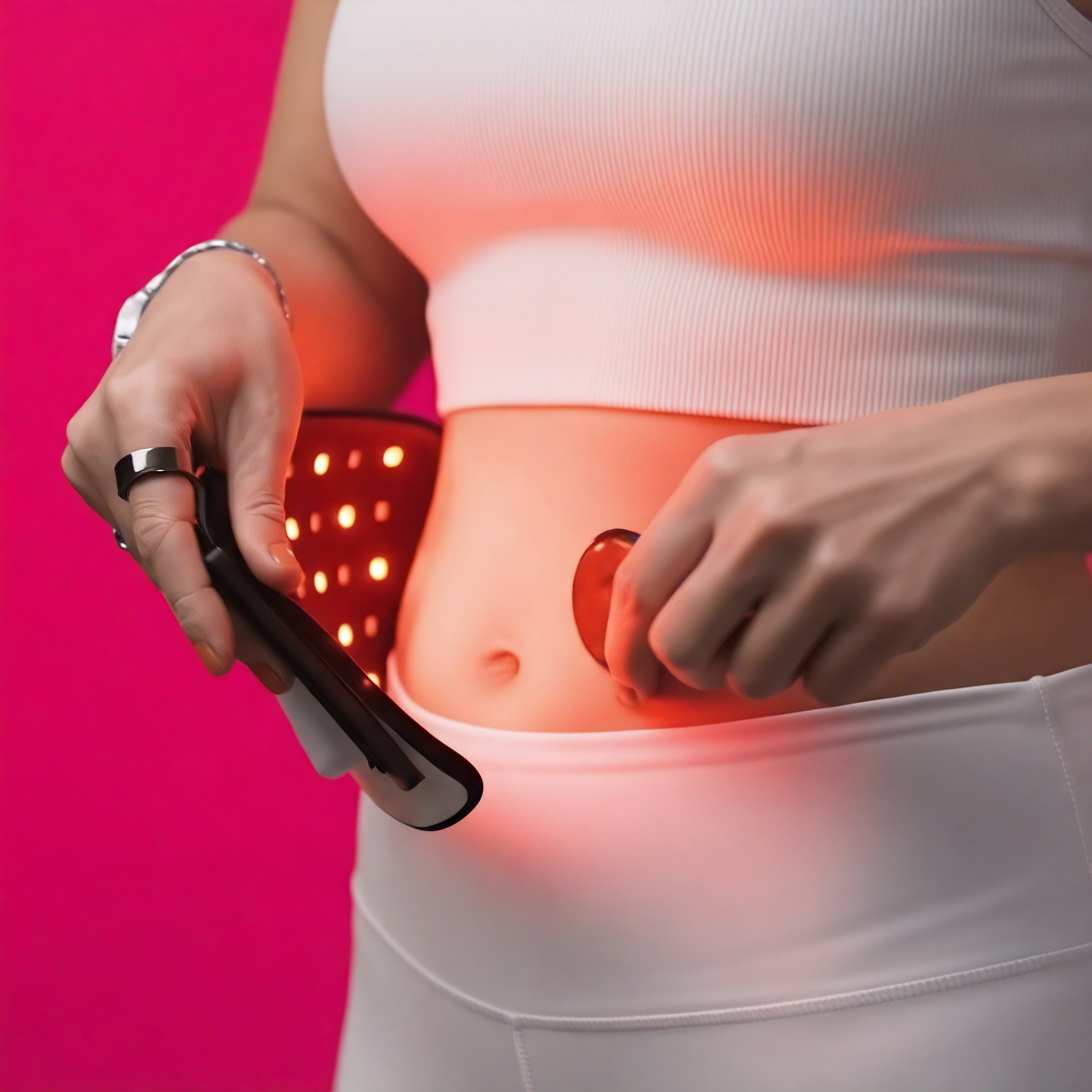 Cerathrive CERA System Red Light Therapy Belt on stomach for gut-brain connection support and mental clarity | Woman using portable red light device for calm digestion