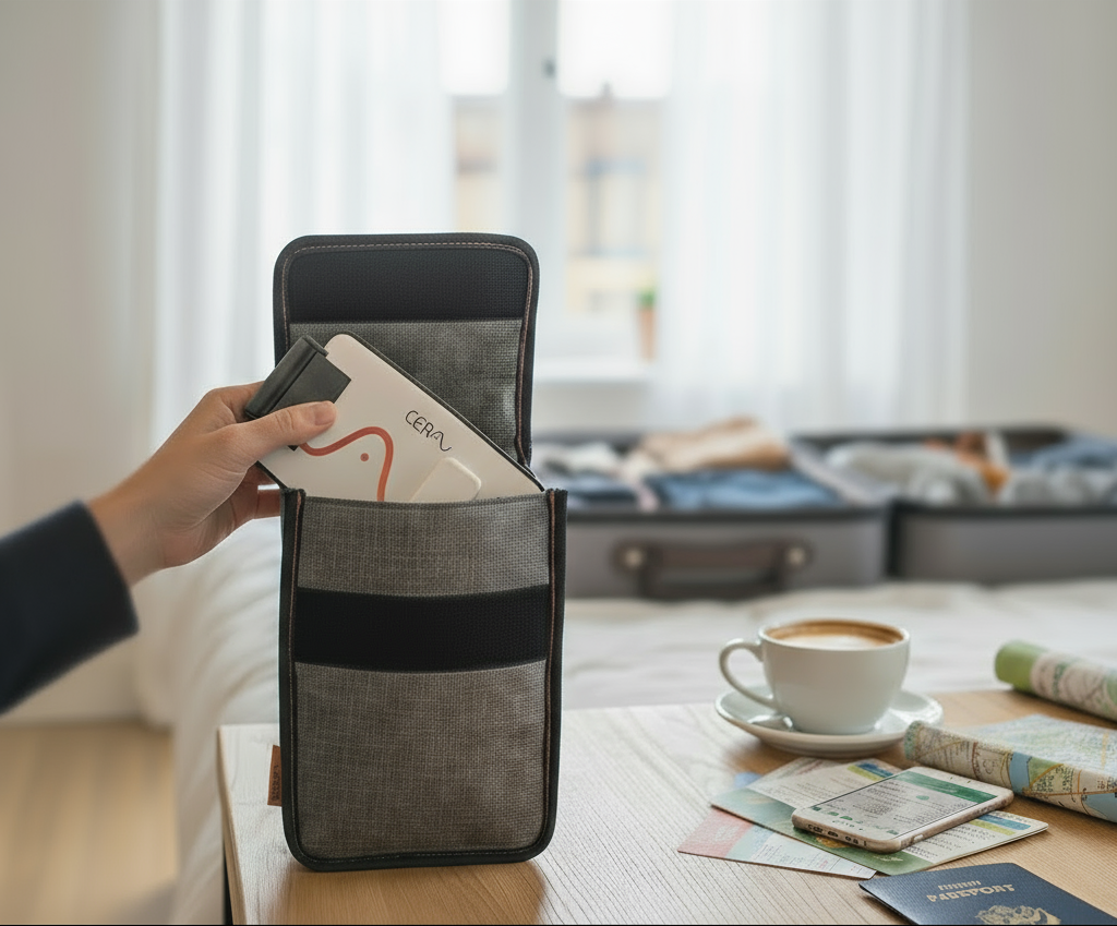A hand placing the white Cerathrive CERA System device into its portable grey travel case, illustrating easy travel for gut-brain support and mental clarity.