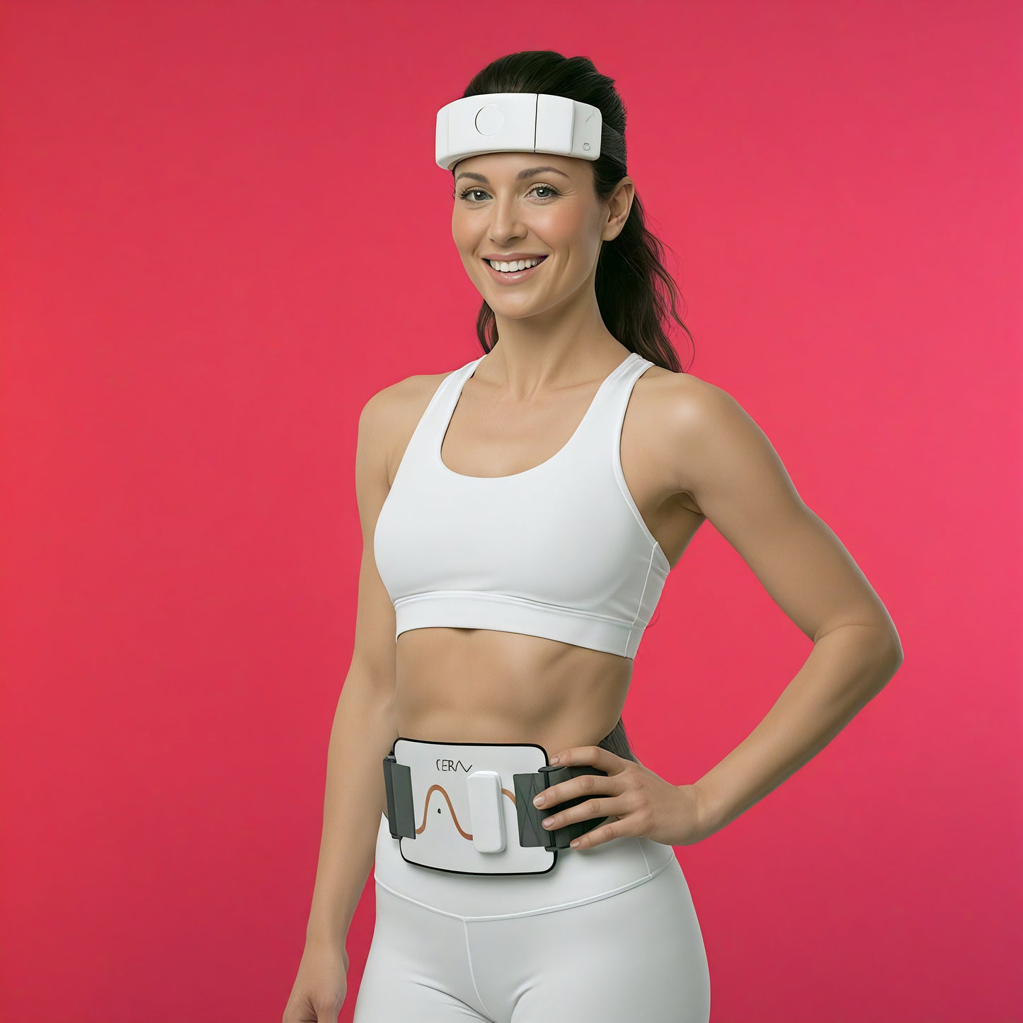 cerathrive CERA System woman wearing light therapy headband and core belt for gut-brain connection support and mental clarity