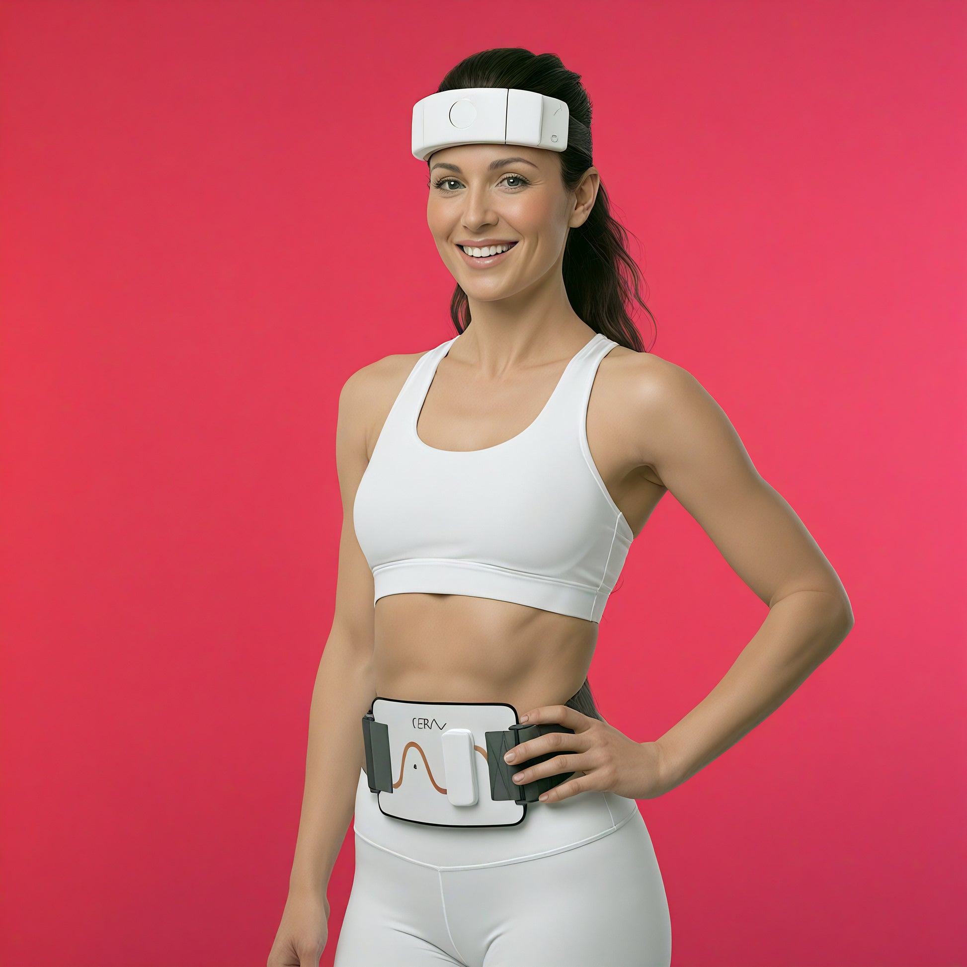 cerathrive CERA System woman wearing light therapy headband and core belt for gut-brain connection support and mental clarity