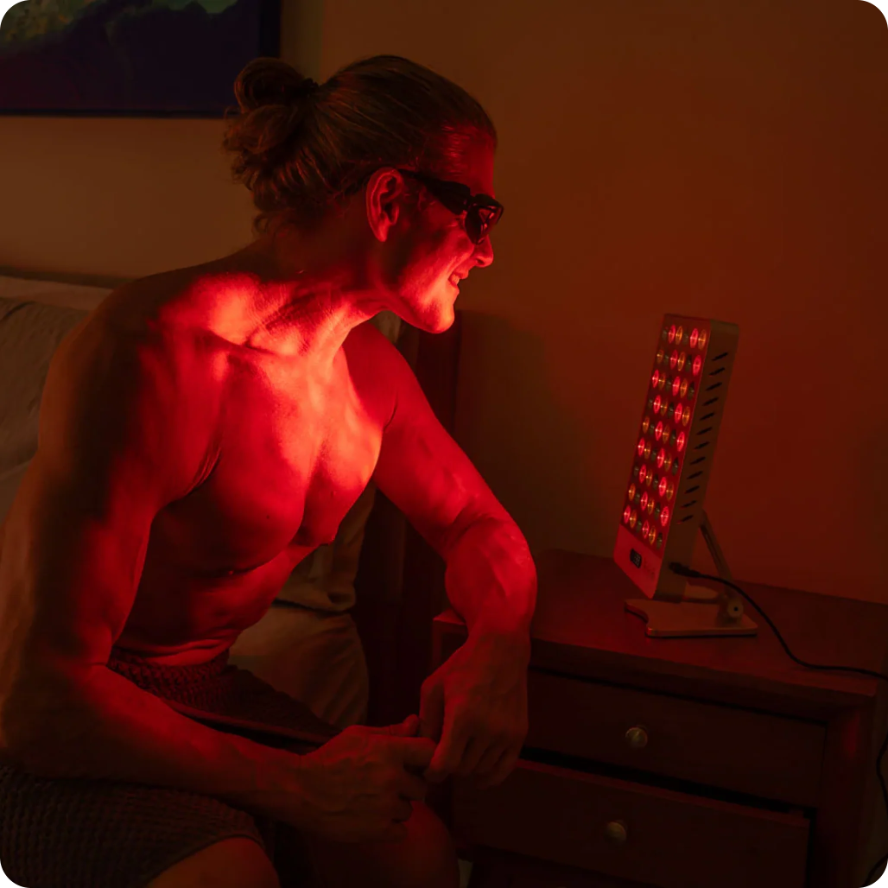 CeraThrive partner MitoLux Light Therapy Lamp (Better than Sunshine) user receiving Red Light (630nm) and NIR (850nm) therapy for skin rejuvenation, pain relief, muscle recovery, metabolism, and hormonal balance.