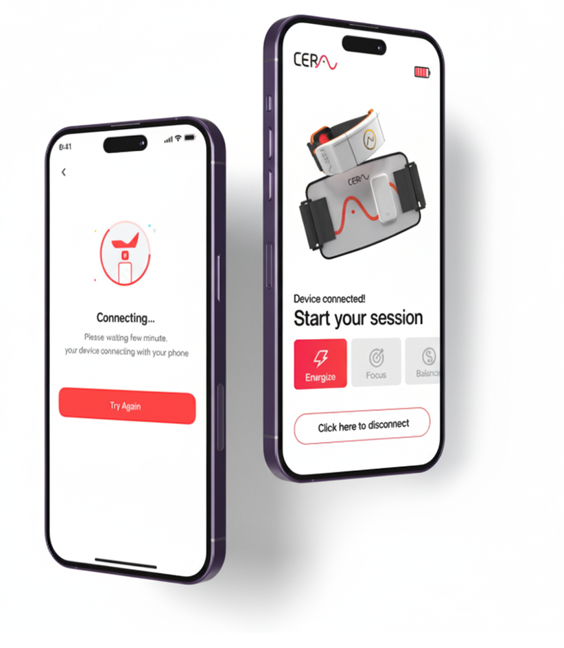Cerathrive mobile app connecting to the device to start a session for easy, guided well-being routines and results